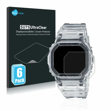 Parte frontale di una confezione del prodotto con il logo del marchio Savvies. Accanto è raffigurato il dispositivo Casio G-Sh