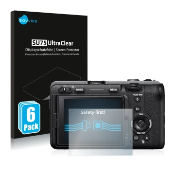 Parte frontale di una confezione del prodotto con il logo del marchio Savvies. Accanto è raffigurato il dispositivo Sony Alpha