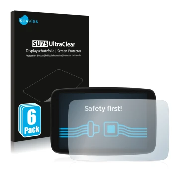 Parte frontale di una confezione del prodotto con il logo del marchio Savvies. Accanto è raffigurato il dispositivo TomTom GO 