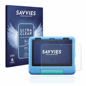 Parte frontale di una confezione del prodotto con il logo del marchio Savvies. Accanto è raffigurato il dispositivo Amazon Fir