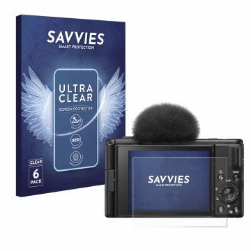 Parte frontale di una confezione del prodotto con il logo del marchio Savvies. Accanto è raffigurato il dispositivo Sony ZV-1F