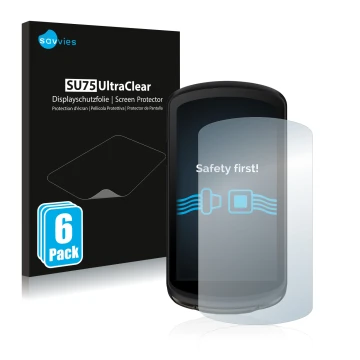 Parte frontale di una confezione del prodotto con il logo del marchio Savvies. Accanto è raffigurato il dispositivo Garmin Edg