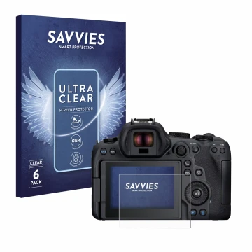 Parte frontale di una confezione del prodotto con il logo del marchio Savvies. Accanto è raffigurato il dispositivo Canon EOS 