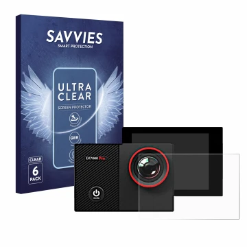 Parte frontale di una confezione del prodotto con il logo del marchio Savvies. Accanto è raffigurato il dispositivo Akaso EK70