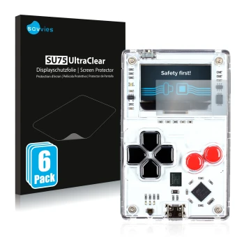 Parte frontale di una confezione del prodotto con il logo del marchio Savvies. Accanto è raffigurato il dispositivo Arduboy FX