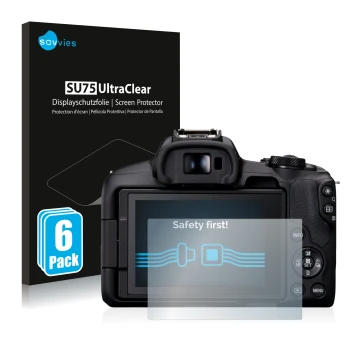 Parte frontale di una confezione del prodotto con il logo del marchio Savvies. Accanto è raffigurato il dispositivo Canon EOS 