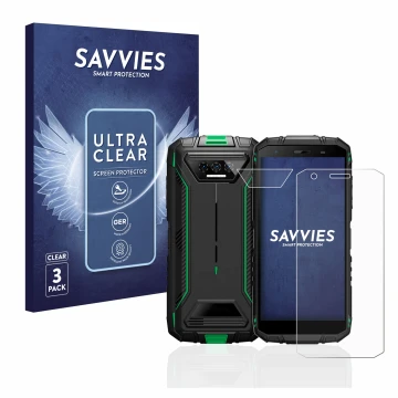 Parte frontale di una confezione del prodotto con il logo del marchio Savvies. Accanto è raffigurato il dispositivo Doogee S41