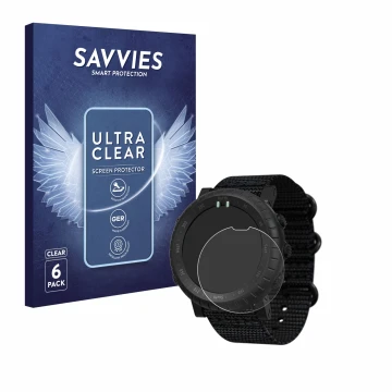 Parte frontale di una confezione del prodotto con il logo del marchio Savvies. Accanto è raffigurato il dispositivo Suunto Cor