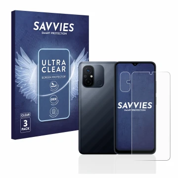 Parte frontale di una confezione del prodotto con il logo del marchio Savvies. Accanto è raffigurato il dispositivo Xiaomi Red