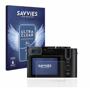 Parte frontale di una confezione del prodotto con il logo del marchio Savvies. Accanto è raffigurato il dispositivo Leica Q3 c