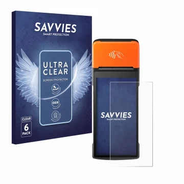 Parte frontale di una confezione del prodotto con il logo del marchio Savvies. Accanto è raffigurato il dispositivo Sunmi V2 P