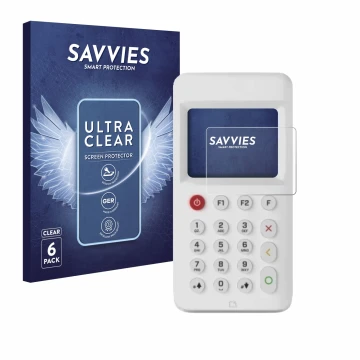 Parte frontale di una confezione del prodotto con il logo del marchio Savvies. Accanto è raffigurato il dispositivo myPOS Go 2