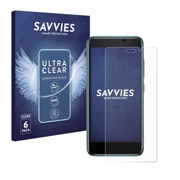 Parte frontale di una confezione del prodotto con il logo del marchio Savvies. Accanto è raffigurato il dispositivo Cubot J 20