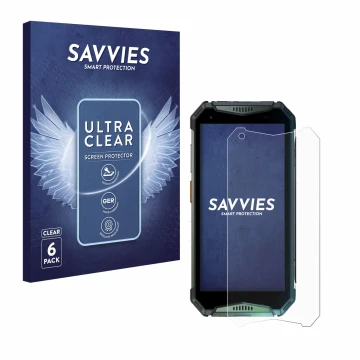 Parte frontale di una confezione del prodotto con il logo del marchio Savvies. Accanto è raffigurato il dispositivo Ulefone Ar