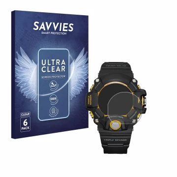 Parte frontale di una confezione del prodotto con il logo del marchio Savvies. Accanto è raffigurato il dispositivo Casio G-Sh