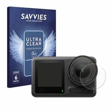 Parte frontale di una confezione del prodotto con il logo del marchio Savvies. Accanto è raffigurato il dispositivo DJI Osmo A