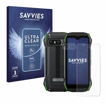 Parte frontale di una confezione del prodotto con il logo del marchio Savvies. Accanto è raffigurato il dispositivo Blackview 