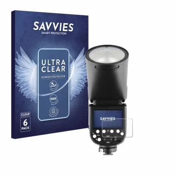 Parte frontale di una confezione del prodotto con il logo del marchio Savvies. Accanto è raffigurato il dispositivo Godox V1 c