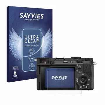 Parte frontale di una confezione del prodotto con il logo del marchio Savvies. Accanto è raffigurato il dispositivo Sony Alpha