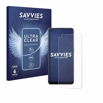 Parte frontale di una confezione del prodotto con il logo del marchio Savvies. Accanto è raffigurato il dispositivo Oppo Reno 