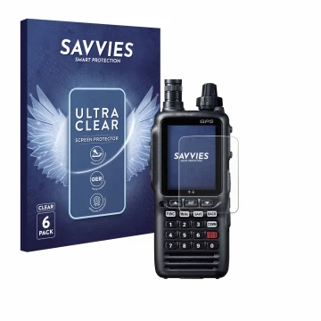 Parte frontale di una confezione del prodotto con il logo del marchio Savvies. Accanto è raffigurato il dispositivo Yaesu FTA-