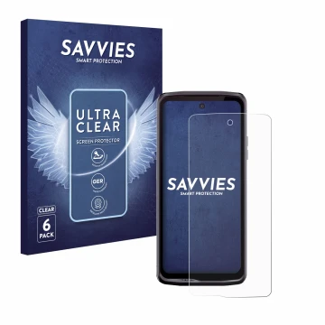 Parte frontale di una confezione del prodotto con il logo del marchio Savvies. Accanto è raffigurato il dispositivo Crosscall 