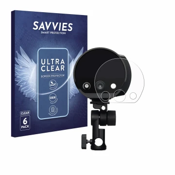 Parte frontale di una confezione del prodotto con il logo del marchio Savvies. Accanto è raffigurato il dispositivo Profoto B1