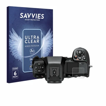 Parte frontale di una confezione del prodotto con il logo del marchio Savvies. Accanto è raffigurato il dispositivo Nikon Z 8 