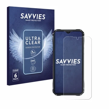 Parte frontale di una confezione del prodotto con il logo del marchio Savvies. Accanto è raffigurato il dispositivo Oukitel WP