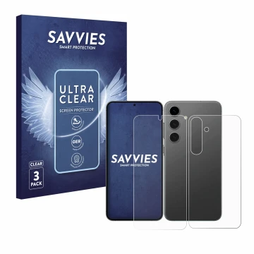 Parte frontale di una confezione del prodotto con il logo del marchio Savvies. Accanto è raffigurato il dispositivo Samsung Ga