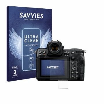Parte frontale di una confezione del prodotto con il logo del marchio Savvies. Accanto è raffigurato il dispositivo Nikon Z 8 