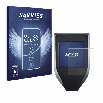 Parte frontale di una confezione del prodotto con il logo del marchio Savvies. Accanto è raffigurato il dispositivo Trezor Mod
