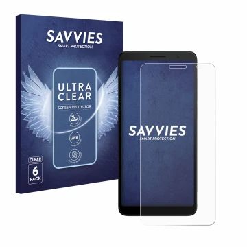 Parte frontale di una confezione del prodotto con il logo del marchio Savvies. Accanto è raffigurato il dispositivo TCL 501 co