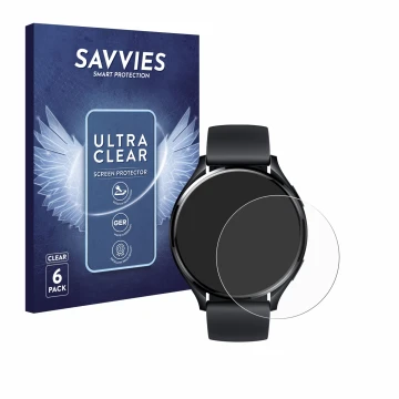 Parte frontale di una confezione del prodotto con il logo del marchio Savvies. Accanto è raffigurato il dispositivo Xiaomi Wat