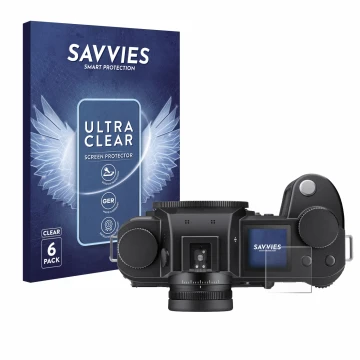 Parte frontale di una confezione del prodotto con il logo del marchio Savvies. Accanto è raffigurato il dispositivo Leica SL3 