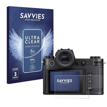 Parte frontale di una confezione del prodotto con il logo del marchio Savvies. Accanto è raffigurato il dispositivo Leica SL3 