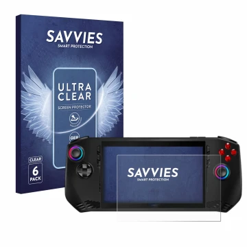 Parte frontale di una confezione del prodotto con il logo del marchio Savvies. Accanto è raffigurato il dispositivo MSI Claw A