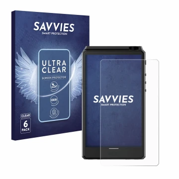 Parte frontale di una confezione del prodotto con il logo del marchio Savvies. Accanto è raffigurato il dispositivo Hiby R6 II