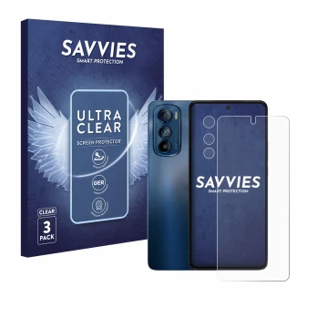 Parte frontale di una confezione del prodotto con il logo del marchio Savvies. Accanto è raffigurato il dispositivo Motorola E