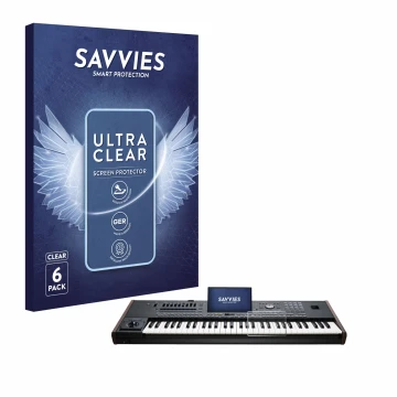 Parte frontale di una confezione del prodotto con il logo del marchio Savvies. Accanto è raffigurato il dispositivo KORG Pa5X 