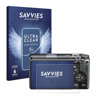 Parte frontale di una confezione del prodotto con il logo del marchio Savvies. Accanto è raffigurato il dispositivo Ricoh GR I