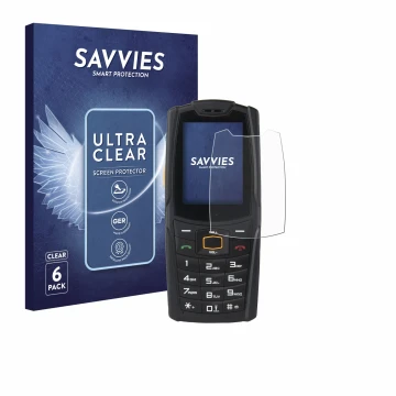 Parte frontale di una confezione del prodotto con il logo del marchio Savvies. Accanto è raffigurato il dispositivo AGM M6 con