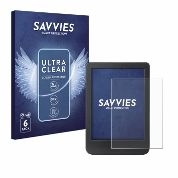 Parte frontale di una confezione del prodotto con il logo del marchio Savvies. Accanto è raffigurato il dispositivo Kobo Clara