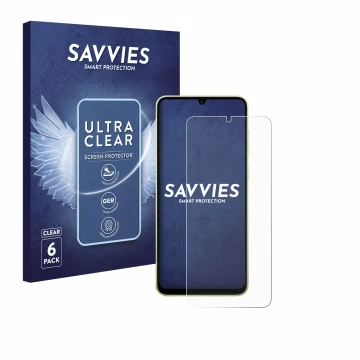 Parte frontale di una confezione del prodotto con il logo del marchio Savvies. Accanto è raffigurato il dispositivo Samsung Ga