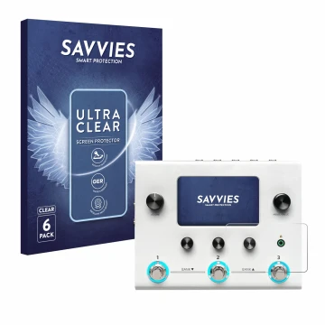 Parte frontale di una confezione del prodotto con il logo del marchio Savvies. Accanto è raffigurato il dispositivo Hotone Amp