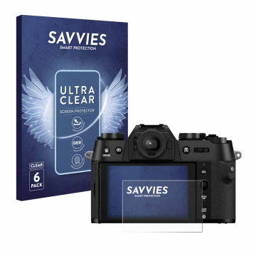 Parte frontale di una confezione del prodotto con il logo del marchio Savvies. Accanto è raffigurato il dispositivo Fujifilm X
