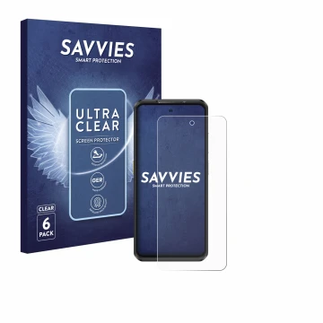 Parte frontale di una confezione del prodotto con il logo del marchio Savvies. Accanto è raffigurato il dispositivo Ulefone Ar