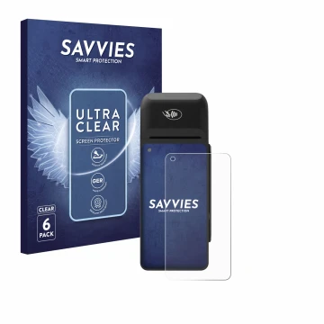 Parte frontale di una confezione del prodotto con il logo del marchio Savvies. Accanto è raffigurato il dispositivo Verifone T