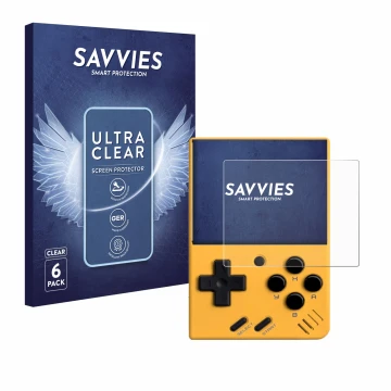 Parte frontale di una confezione del prodotto con il logo del marchio Savvies. Accanto è raffigurato il dispositivo Miyoo Mini