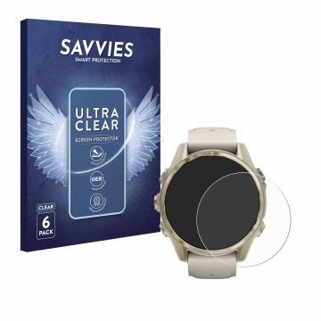 Parte frontale di una confezione del prodotto con il logo del marchio Savvies. Accanto è raffigurato il dispositivo Garmin Fen